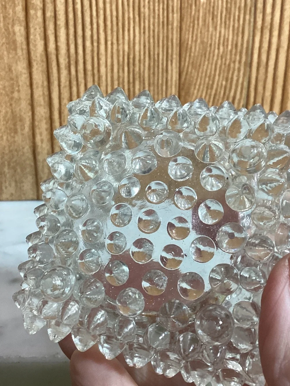 Clear Hobnail Glass Salt Cellar Dish with Wooden Spoon